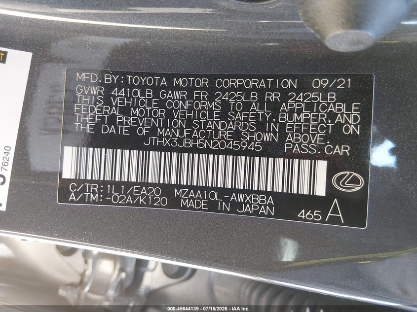 2022 Lexus Ux VIN JTHX3JBH5N2045945 IAAI salvage auction — FRONT END, Salvage (California), sold $9,050 on 2026-07-29 (photo 9)