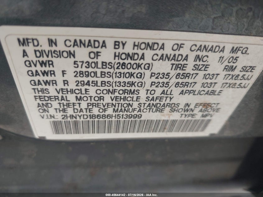2006 Acura Mdx VIN 2HNYD18686H513999 IAAI salvage auction — NORMAL WEAR, Clear (Utah), sold $25 on 2026-07-23 (photo 8)