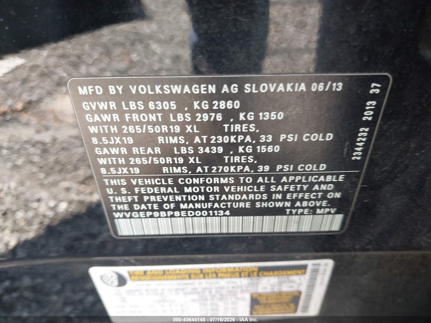 2014 Volkswagen Touareg VIN WVGEP9BP8ED001134 IAAI salvage auction — NORMAL WEAR, Salvage Title, sold $375 on 2026-07-21 (photo 9)