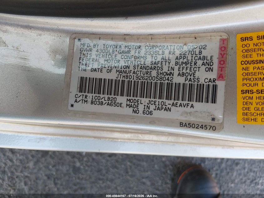 2002 Lexus Is 300 VIN JTHBD192620058042 IAAI salvage auction — FRONT END, Salvage (California), sold $600 on 2026-07-30 (photo 9)