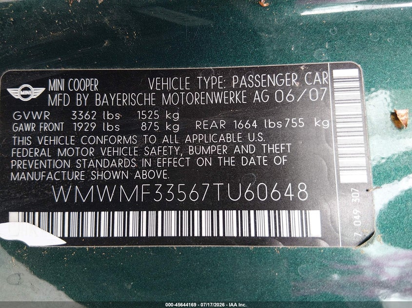 2007 Mini Cooper VIN WMWMF33567TU60648 IAAI salvage auction — FRONT END, Clear (Washington), sold $325 on 2026-07-29 (photo 9)