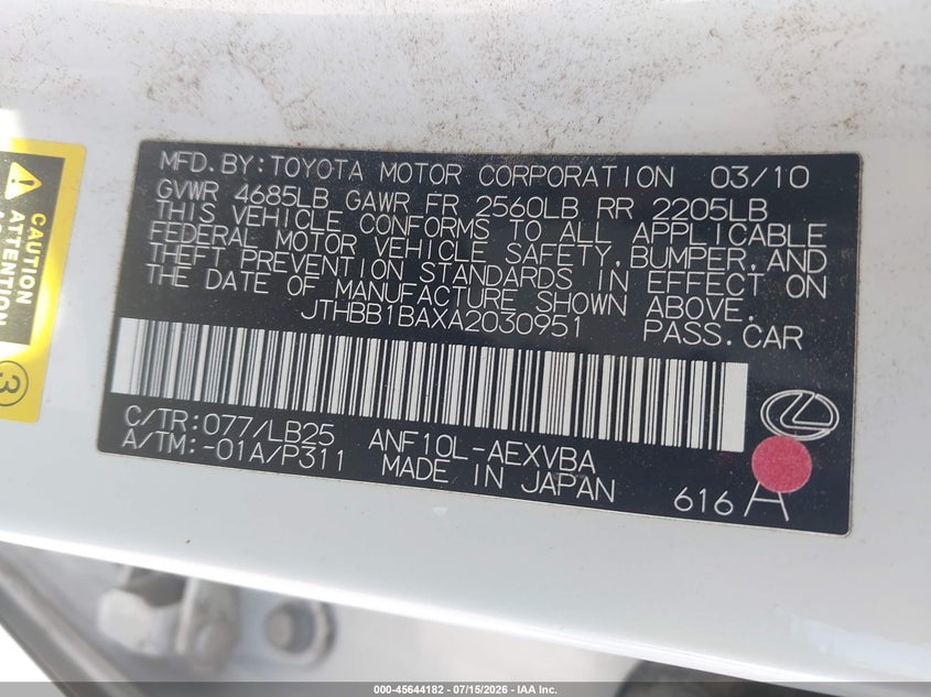 2010 Lexus Hs 250h VIN JTHBB1BAXA2030951 IAAI salvage auction — NORMAL WEAR, Clear - Dealer Only (California), sold $525 on 2026-07-29 (photo 9)