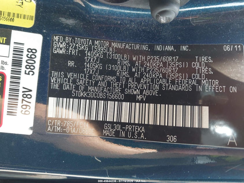 2011 Toyota Sienna VIN 5TDKK3DC0BS156600 IAAI salvage auction — LEFT REAR, Mv-907A (New York), sold $925 on 2026-07-28 (photo 9)