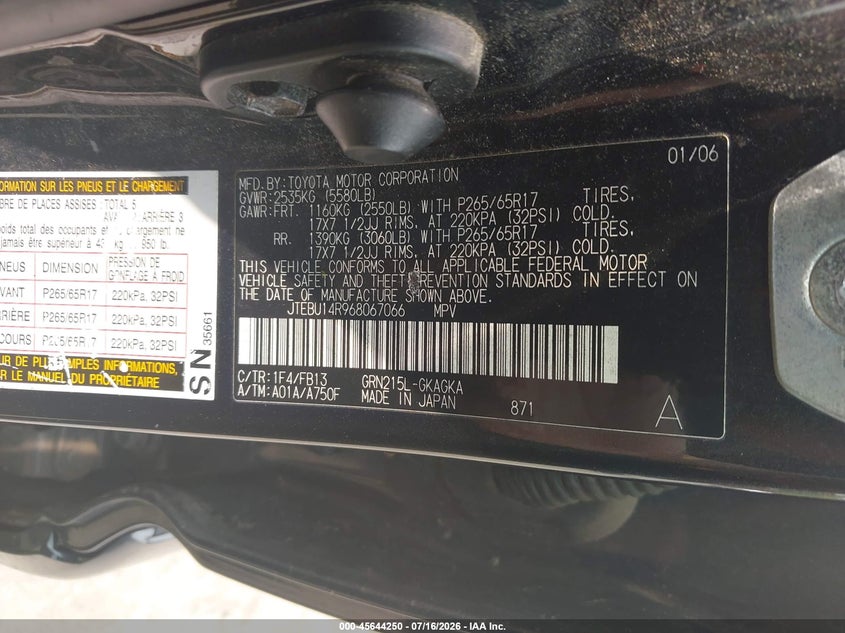 2006 Toyota 4runner VIN JTEBU14R968067066 IAAI salvage auction — NORMAL WEAR, Clear (Rhode Island), sold $25 on 2026-07-21 (photo 9)