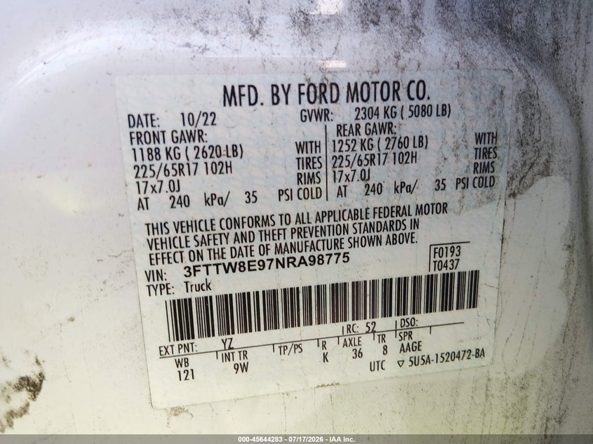 2022 Ford Maverick VIN 3FTTW8E97NRA98775 IAAI salvage auction — NORMAL WEAR, Clear (Tennessee), sold $17,800 on 2026-08-31 (photo 9)
