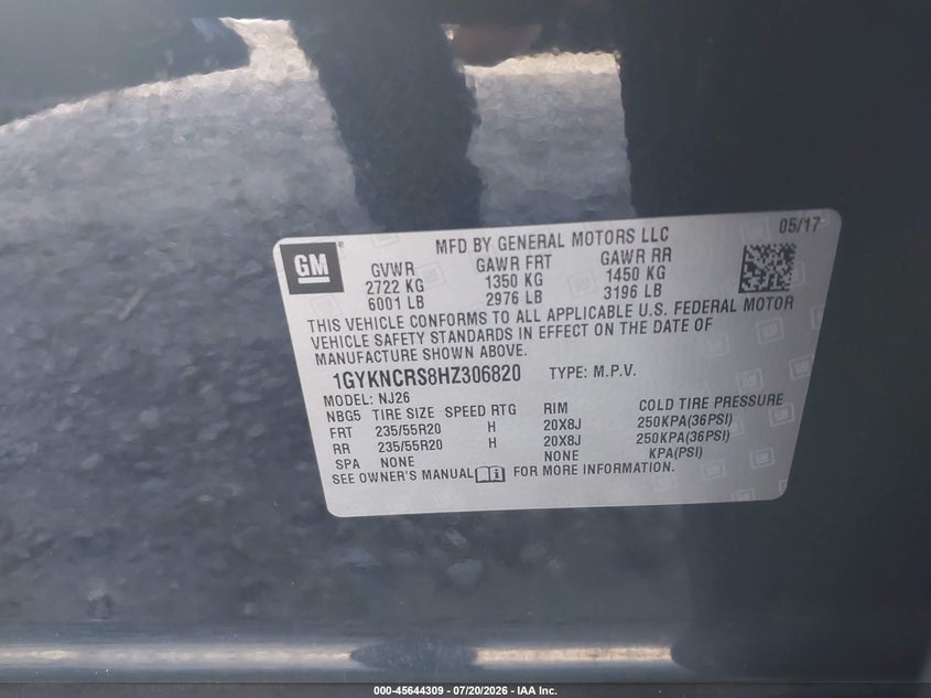 2017 Cadillac Xt5 VIN 1GYKNCRS8HZ306820 IAAI salvage auction — NORMAL WEAR, Repossession Paperwork (Georgia), sold $7,700 on 2026-08-10 (photo 9)