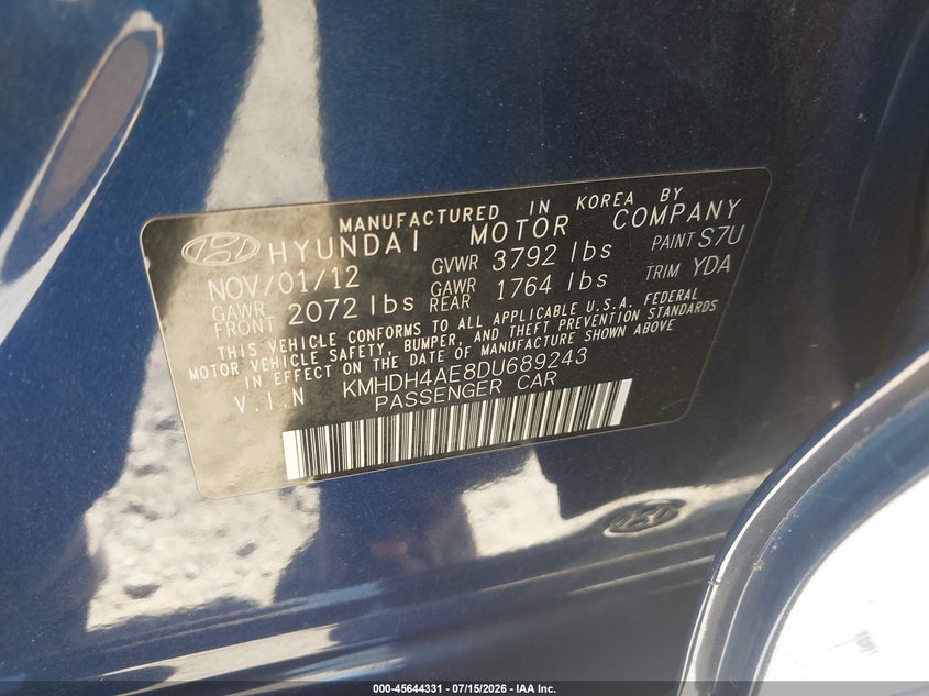 2013 Hyundai Elantra VIN KMHDH4AE8DU689243 IAAI salvage auction — REAR END, Salvage (California), sold $1,525 on 2026-07-30 (photo 9)