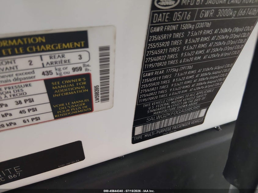 2016 Land rover Range rover sport VIN SALWG2KF0GA598395 IAAI salvage auction — UNKNOWN, Original (Texas), sold $7,500 on 2026-07-31 (photo 9)