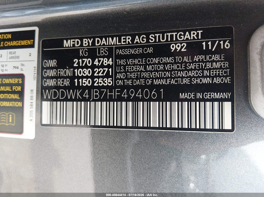 2017 Mercedes-benz C-klasse VIN WDDWK4JB7HF494061 IAAI salvage auction — FRESH WATER, Salvage (Texas), sold $5,225 on 2026-08-12 (photo 9)