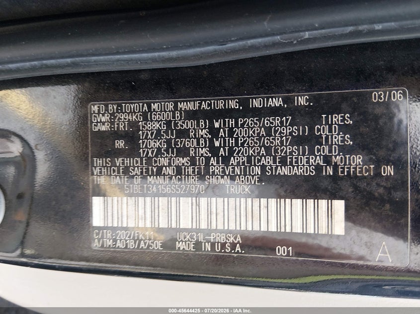 2006 Toyota Tundra VIN 5TBET34156S527970 IAAI salvage auction — NORMAL WEAR, Clear (South Carolina), sold $1,650 on 2026-07-29 (photo 9)