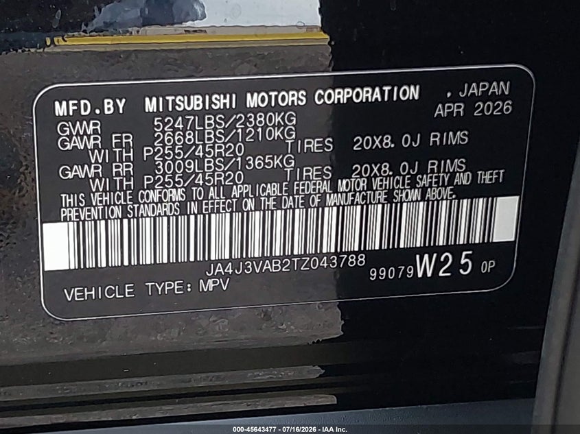 2026 Mitsubishi Outlander VIN JA4J3VAB2TZ043788 IAAI salvage auction — RIGHT FRONT, Salvage Title, sold $10,900 on 2026-08-20 (photo 9)