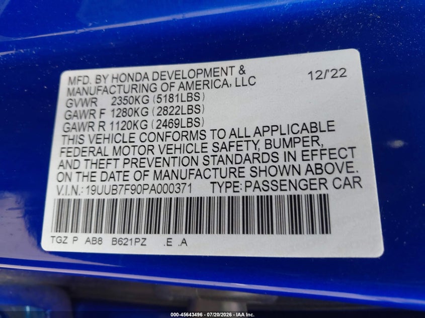 2023 Acura Tlx VIN 19UUB7F90PA000371 IAAI salvage auction — FRONT END, Non-Repairable (California), sold $19,850 on 2026-08-17 (photo 9)