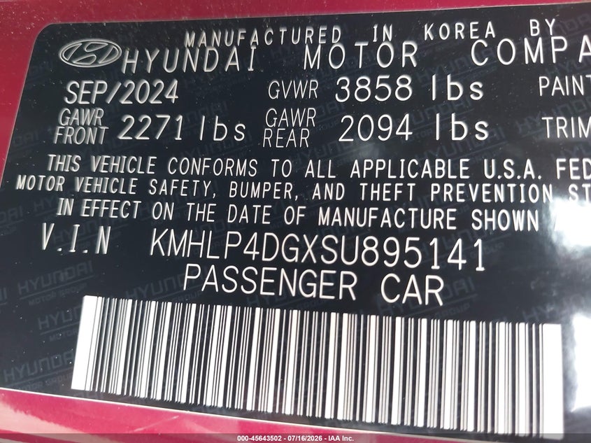 2025 Hyundai Elantra VIN KMHLP4DGXSU895141 IAAI salvage auction — LEFT FRONT, Enterprise Vehicles Clear Only (Texas), sold $13,900 on 2026-07-27 (photo 9)