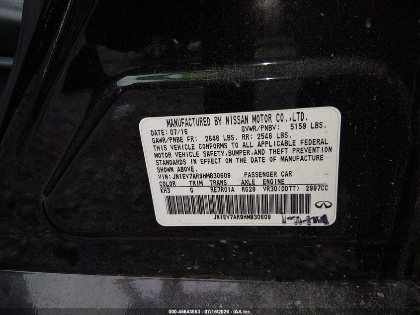 2017 Infiniti Q50 VIN JN1EV7AR9HM830609 IAAI salvage auction — ALL OVER, Salvage (Pennsylvania), sold $1,050 on 2026-07-31 (photo 9)