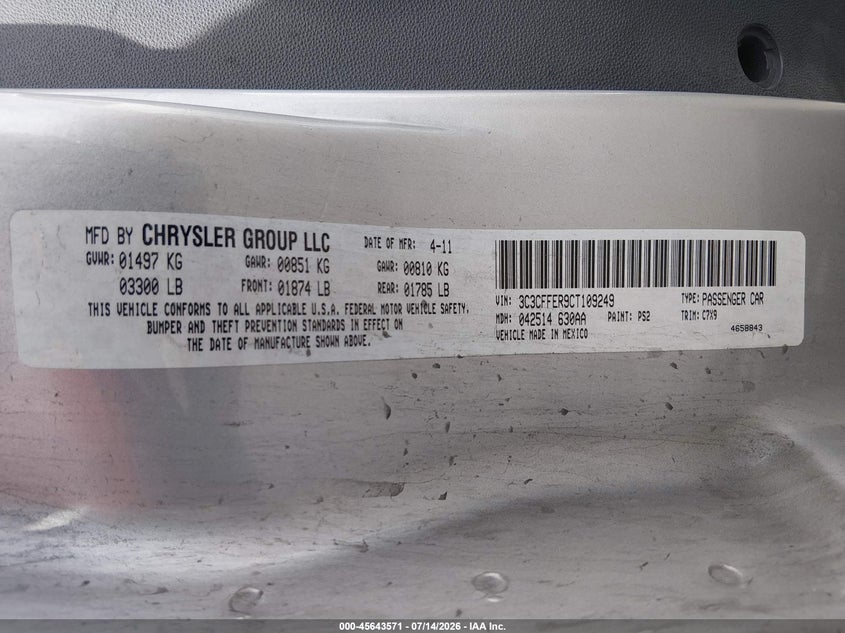2012 Fiat 500 VIN 3C3CFFER9CT109249 IAAI salvage auction — NORMAL WEAR, Salvage Title, sold $25 on 2026-07-31 (photo 9)
