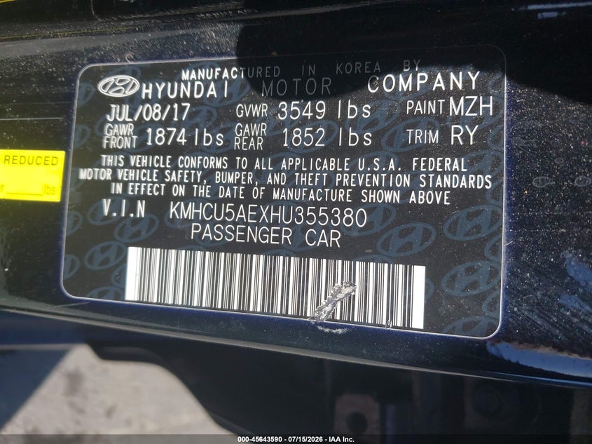 2017 Hyundai Accent VIN KMHCU5AEXHU355380 IAAI salvage auction — NORMAL WEAR, Clear - Dealer Only (California), sold $825 on 2026-07-29 (photo 9)