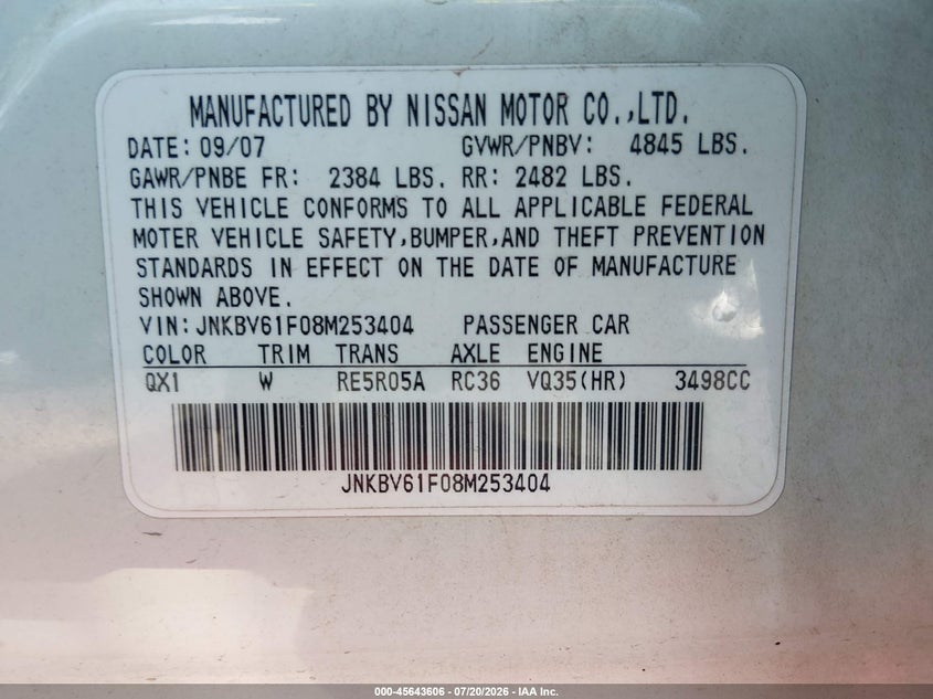 2008 Infiniti G35 VIN JNKBV61F08M253404 IAAI salvage auction — NORMAL WEAR, Clear (Utah), sold $875 on 2026-07-31 (photo 9)