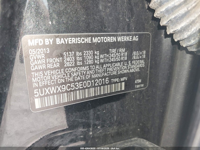 2014 BMW X3 VIN 5UXWX9C53E0D12016 IAAI salvage auction — NORMAL WEAR, Clear (Minnesota), sold $250 on 2026-07-30 (photo 9)