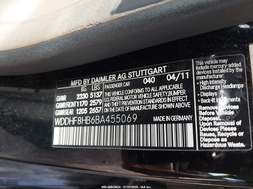 2011 Mercedes-benz E-class VIN WDDHF8HB6BA455069 IAAI salvage auction — FRONT END, Reconstructed (Massachusetts), sold $525 on 2026-08-11 (photo 9)