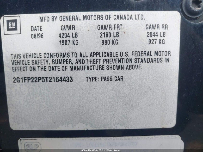 1996 Chevrolet Camaro VIN 2G1FP22P5T2164433 IAAI salvage auction — LEFT SIDE, Salvage (California), sold $1,150 on 2026-07-29 (photo 9)