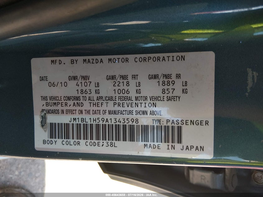 2010 Mazda 3 VIN JM1BL1H59A1343598 IAAI salvage auction — REAR END, Salvage (Colorado), sold $900 on 2026-09-01 (photo 9)