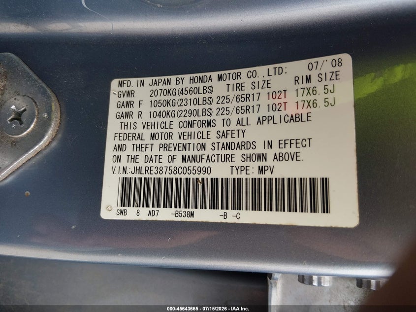 2008 Honda Cr-v VIN JHLRE38758C055990 IAAI salvage auction — NORMAL WEAR, Original (Texas), sold $600 on 2026-07-29 (photo 9)