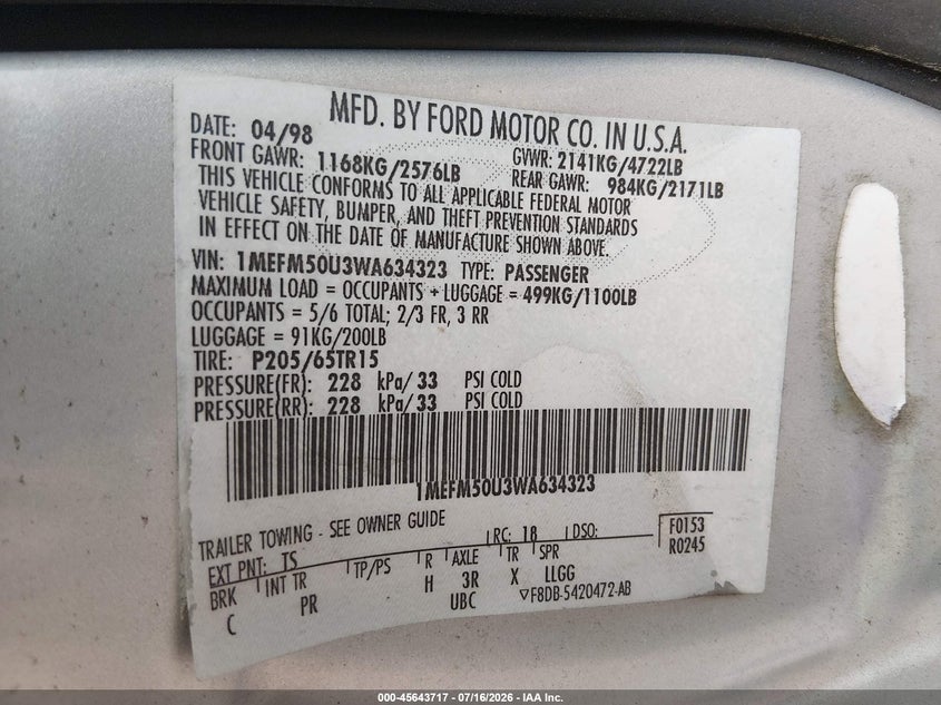 1998 Mercury Sable VIN 1MEFM50U3WA634323 IAAI salvage auction — NORMAL WEAR, Clear (Virginia), sold $25 on 2026-07-23 (photo 9)