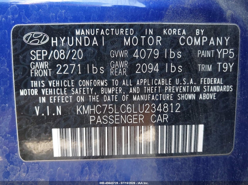 2020 Hyundai Ioniq hybrid VIN KMHC75LC6LU234812 IAAI salvage auction — NORMAL WEAR, Clear (Washington), sold $1,550 on 2026-07-29 (photo 9)