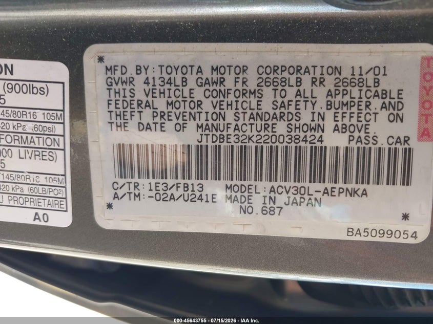 2002 Toyota Camry VIN JTDBE32K220038424 IAAI salvage auction — NORMAL WEAR, Clear - Dealer Only (California), sold $475 on 2026-07-28 (photo 9)