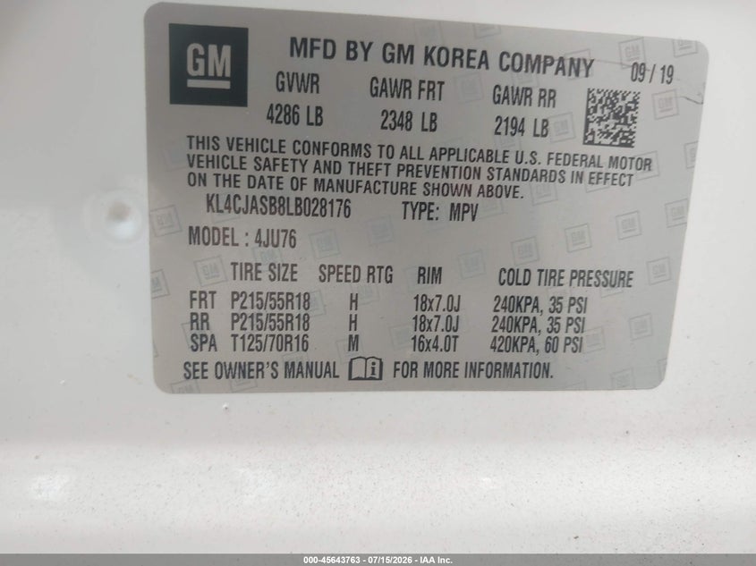 2020 Buick Encore VIN KL4CJASB8LB028176 IAAI salvage auction — NORMAL WEAR, Clear (Arizona), sold $825 on 2026-07-21 (photo 9)