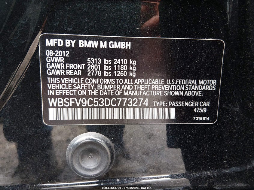 2013 BMW M5 VIN WBSFV9C53DC773274 IAAI salvage auction — FRONT END, Salvage Title, sold $11,800 on 2026-08-26 (photo 9)
