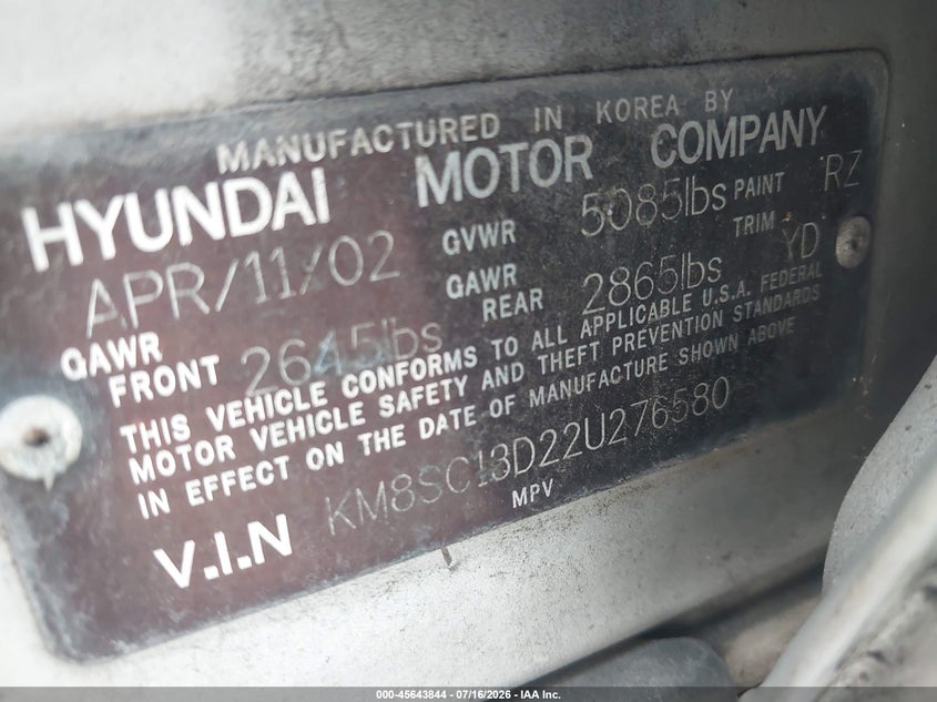 2002 Hyundai Santa fe VIN KM8SC13D22U276580 IAAI salvage auction — NORMAL WEAR, Clear (Florida), sold $75 on 2026-07-29 (photo 9)