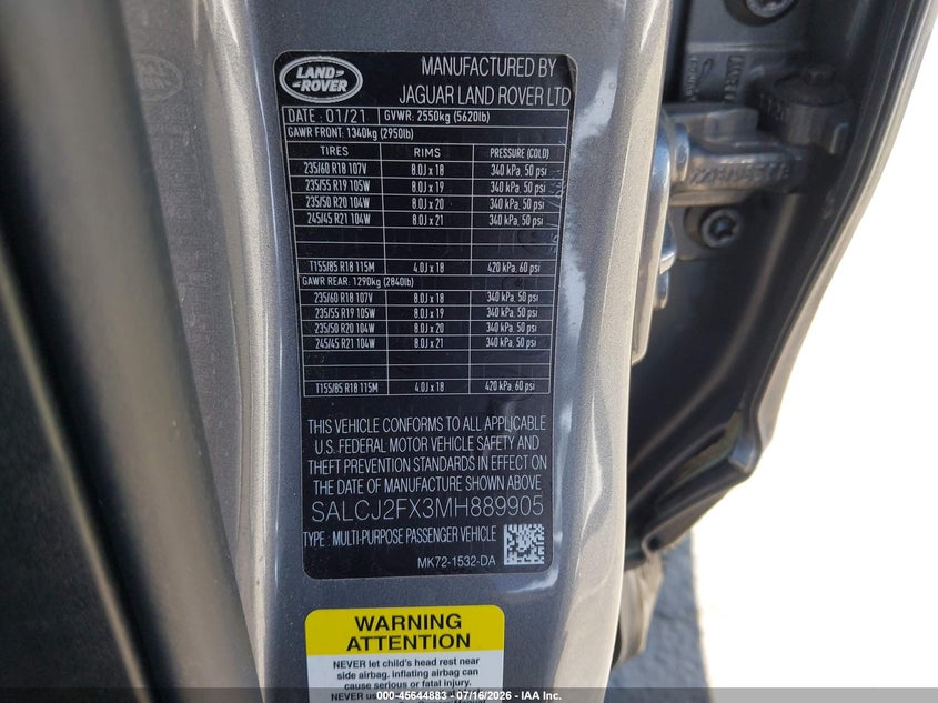2021 Land rover Discovery sport VIN SALCJ2FX3MH889905 IAAI salvage auction — SIDE, Salvage Title, sold $4,150 on 2026-08-23 (photo 9)