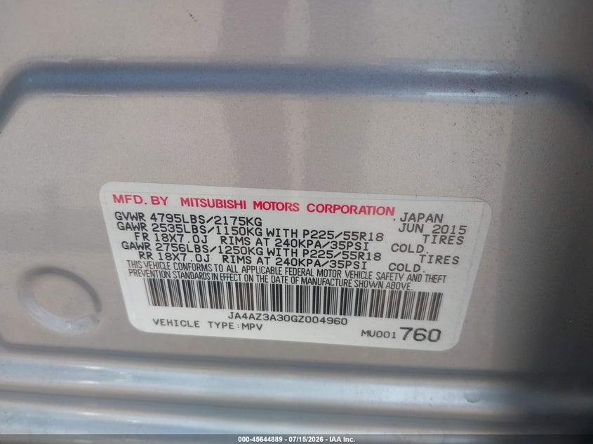 2016 Mitsubishi Outlander VIN JA4AZ3A30GZ004960 IAAI salvage auction — NORMAL WEAR, Clear (Virginia), sold $725 on 2026-07-21 (photo 9)