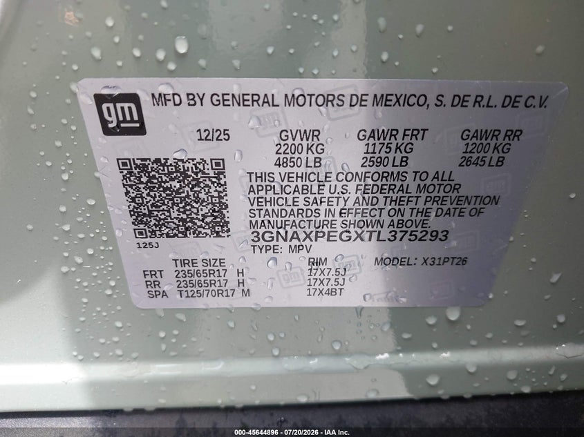 2026 Chevrolet Equinox VIN 3GNAXPEGXTL375293 IAAI salvage auction — REAR END, Clear (California), sold $16,450 on 2026-07-29 (photo 9)