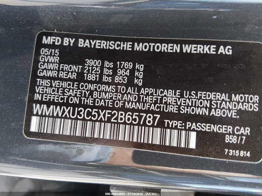 2015 Mini Hard top VIN WMWXU3C5XF2B65787 IAAI salvage auction — ENGINE DAMAGE, Salvage Title, sold $3,200 on 2026-07-31 (photo 9)