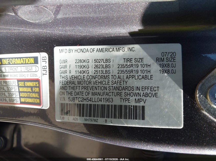 2020 Acura Rdx VIN 5J8TC2H54LL041963 IAAI salvage auction — SIDE, Salvage Title, sold $4,350 on 2026-07-31 (photo 9)
