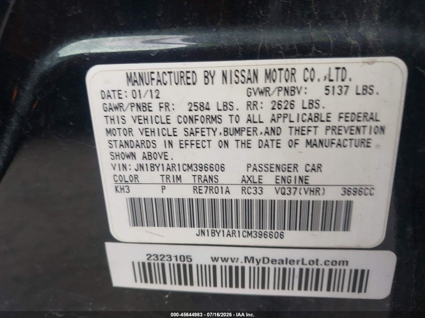 2012 Infiniti M VIN JN1BY1AR1CM396606 IAAI salvage auction — NORMAL WEAR, Clear (Kansas), sold $25 on 2026-07-29 (photo 9)