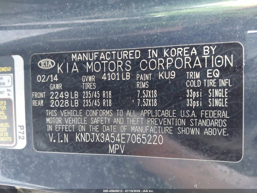 2014 Kia Soul VIN KNDJX3A54E7065220 IAAI salvage auction — NORMAL WEAR, Clear (Georgia), sold $1,450 on 2026-07-22 (photo 9)