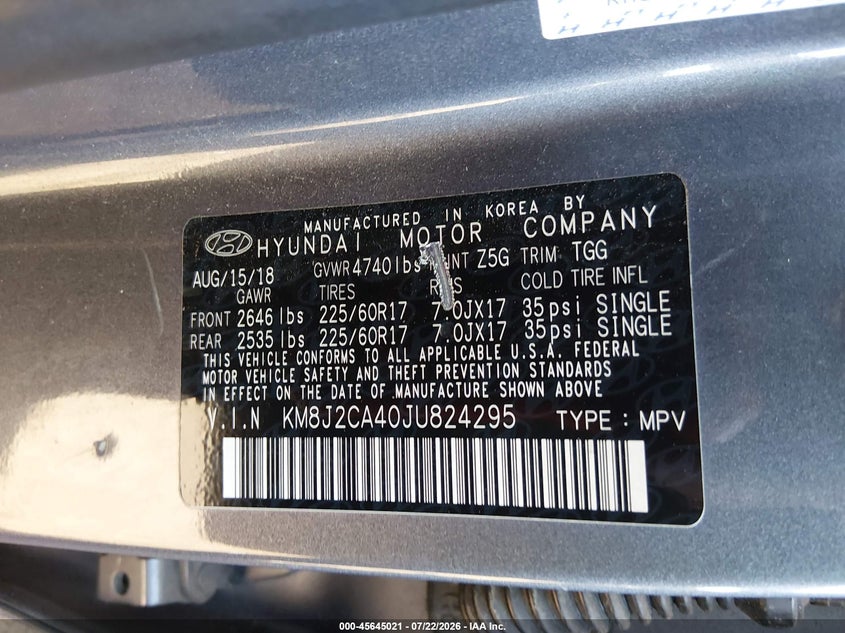 2018 Hyundai Tucson VIN KM8J2CA40JU824295 IAAI salvage auction — REAR END, Salvage (Arizona), sold $2,700 on 2026-07-27 (photo 9)