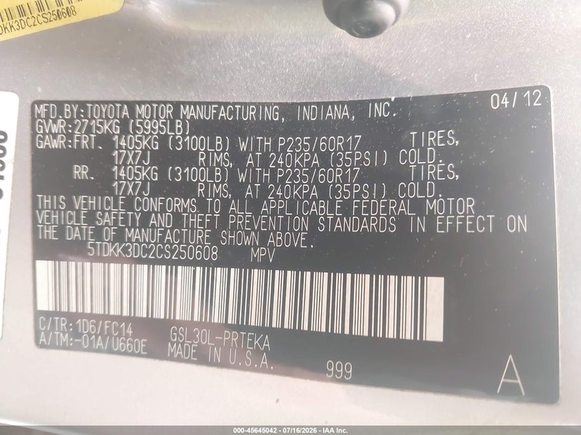 2012 Toyota Sienna VIN 5TDKK3DC2CS250608 IAAI salvage auction — NORMAL WEAR, Clear (New Jersey), sold $350 on 2026-07-29 (photo 9)