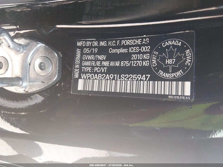 2020 Porsche 911 VIN WP0AB2A91LS225947 IAAI salvage auction — FRONT END, Salvage Title, sold $26,250 on 2026-08-14 (photo 9)