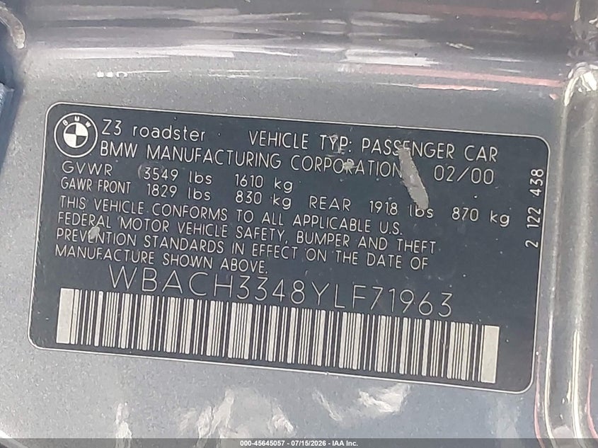 2000 BMW Z3 VIN WBACH3348YLF71963 IAAI salvage auction — FRONT END, Salvage Title - Dealer (California), sold $2,900 on 2026-08-05 (photo 9)