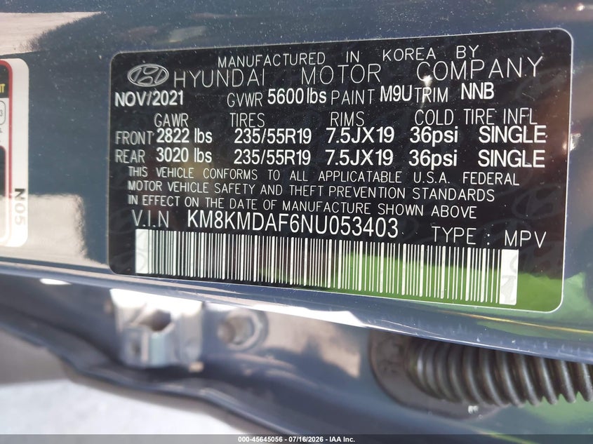 2022 Hyundai Ioniq 5 VIN KM8KMDAF6NU053403 IAAI salvage auction — REAR END, Wait Title, sold $7,500 on 2026-08-14 (photo 9)
