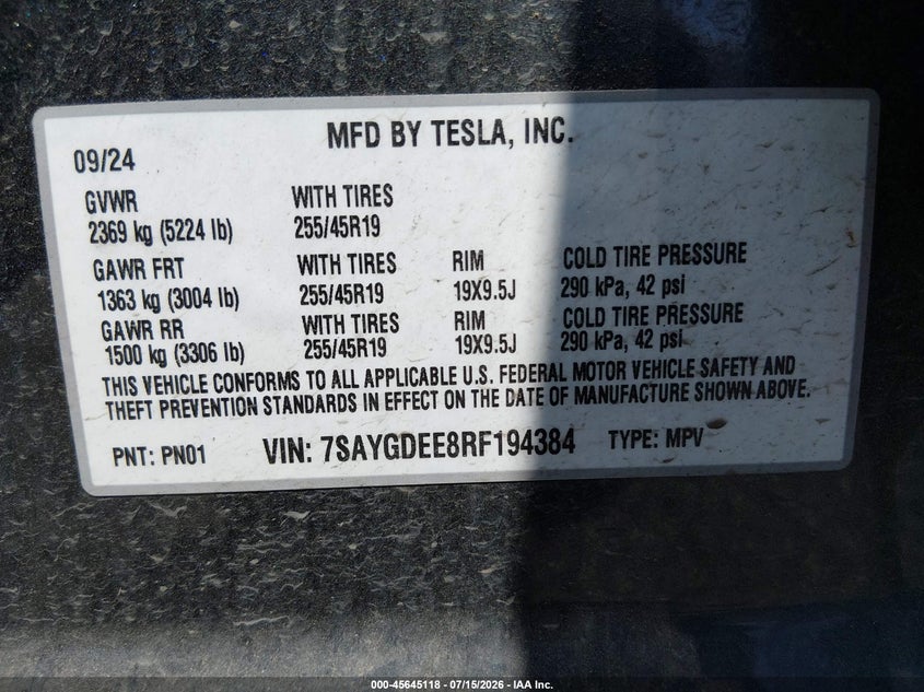 2024 Tesla Model y VIN 7SAYGDEE8RF194384 IAAI salvage auction — NORMAL WEAR, Peddle Clear Public-Restricted (Oregon), sold $8,900 on 2026-07-20 (photo 9)