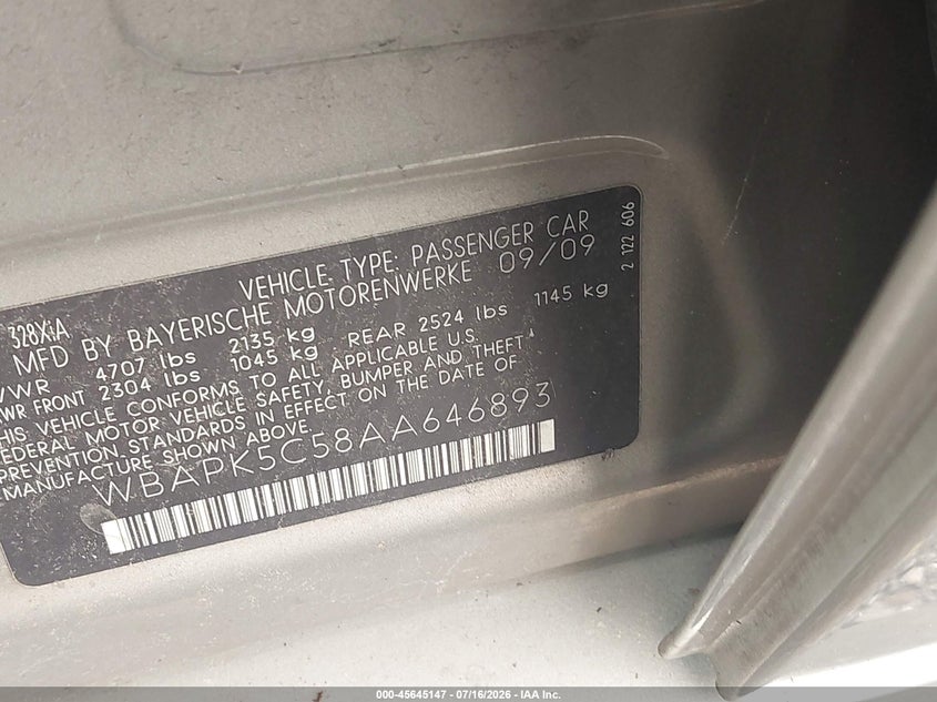 2010 BMW 3 series VIN WBAPK5C58AA646893 IAAI salvage auction — NORMAL WEAR, Clear (Pennsylvania), sold $1,050 on 2026-07-20 (photo 9)