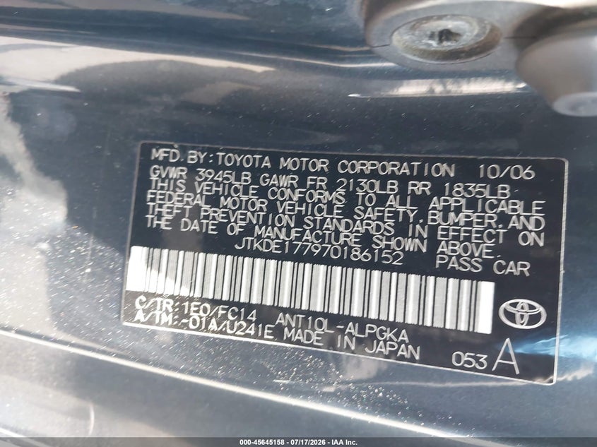 2007 Scion Tc VIN JTKDE177970186152 IAAI salvage auction — SIDE, Salvage Certificate (California), sold $500 on 2026-07-31 (photo 9)