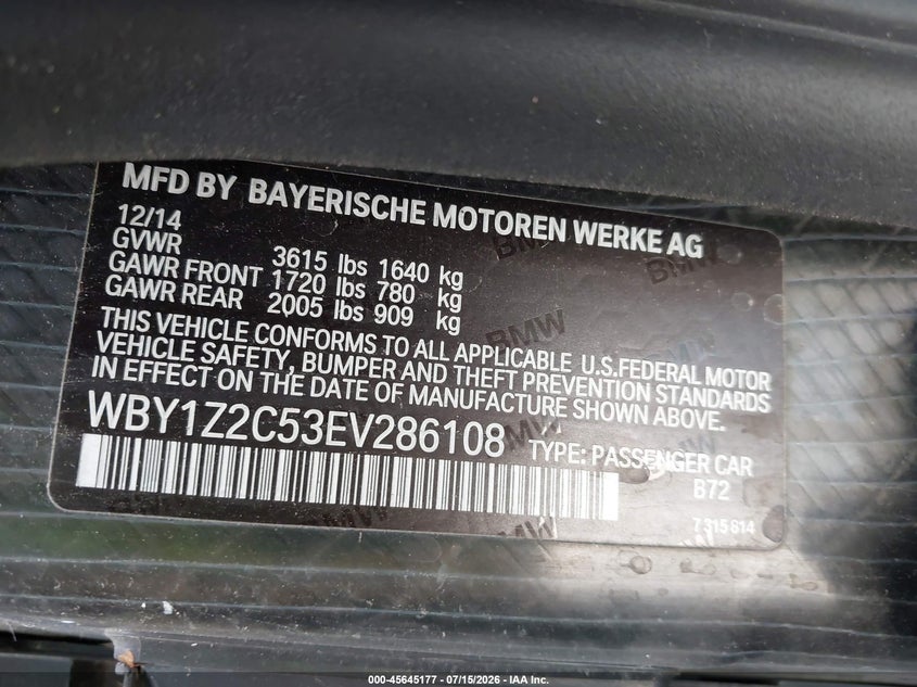 2014 BMW I3 VIN WBY1Z2C53EV286108 IAAI salvage auction — FRONT END, Salvage (California), sold $800 on 2026-07-29 (photo 9)