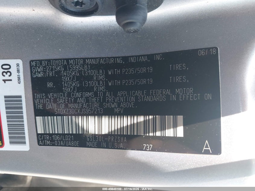 2018 Toyota Sienna VIN 5TDXZ3DCXJS957213 IAAI salvage auction — REAR END, Salvage Certificate (California), sold $9,200 on 2026-07-31 (photo 9)