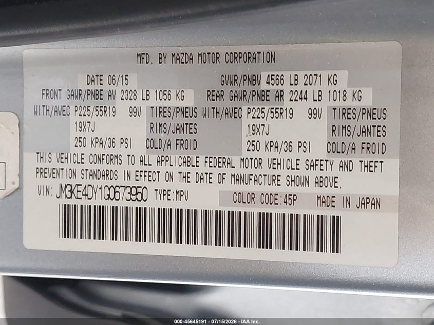 2016 Mazda Cx-5 VIN JM3KE4DY1G0673950 IAAI salvage auction — RIGHT FRONT, Salvage Title, sold $1,400 on 2026-07-30 (photo 9)